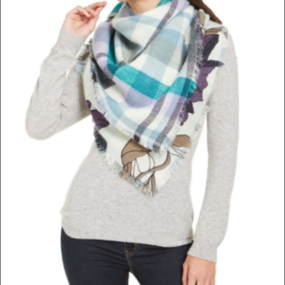 Vince Camuto Plaid Floral Reversible Seafoam Wrap